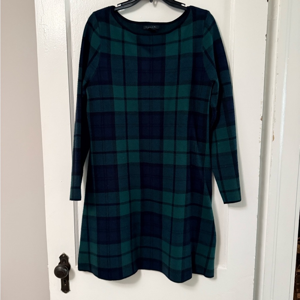 Tahari Teal and Navy Plaid Long Sleeve Sweater Dress